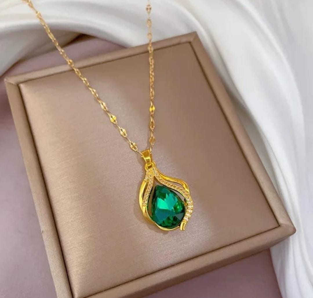 Gold necklace with green emerald teardrop pendant for AdairGems Emerald Teardrop Pendant Necklace