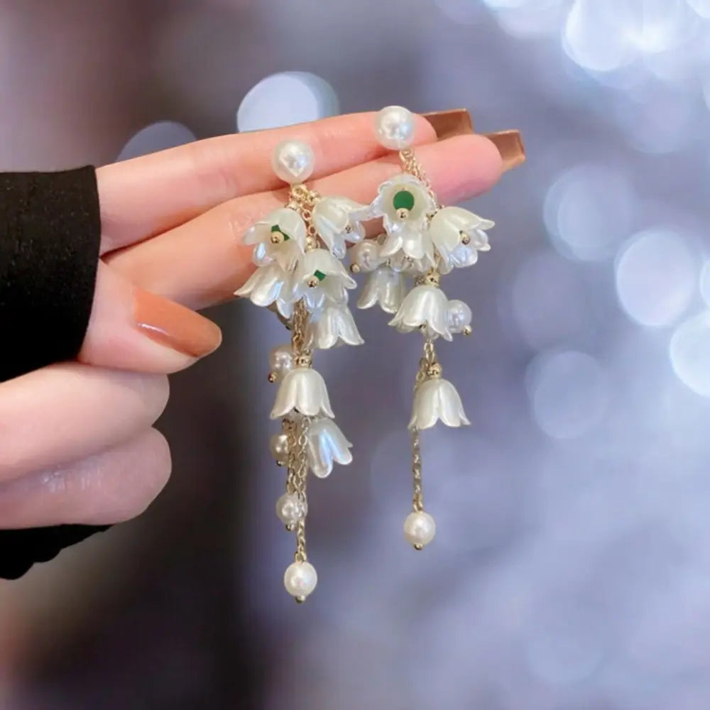 Adair Crushed Pearls With Orchid Floret Design With Jade Beads - Earrings