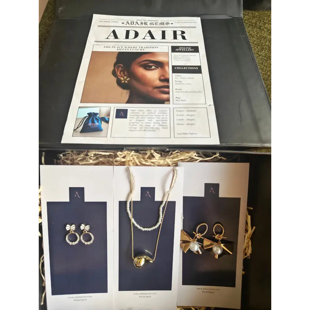 Adair Gems anti-tarnish demi-fine jewelry gift hamper featuring earrings and a necklace in elegant packaging