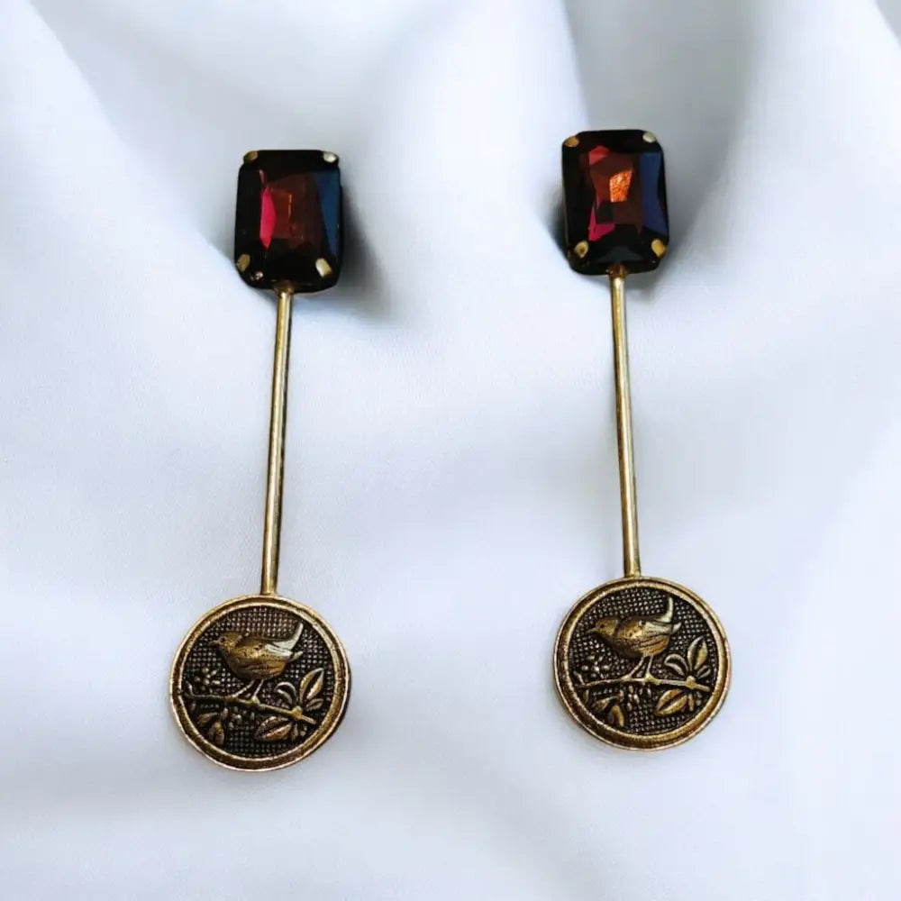 Adair Vintage Bird Charm Statement Earrings Red - Earrings