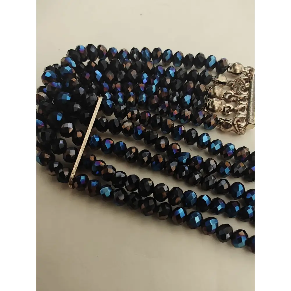 Vintage Choker Navy Blue Glass Beaded Multi Strand Necklace