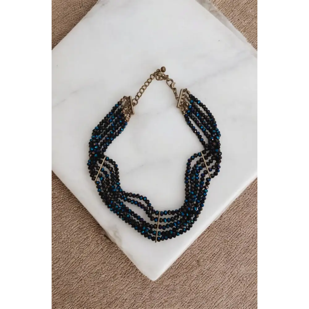 Vintage Choker Navy Blue Glass Beaded Multi Strand Necklace