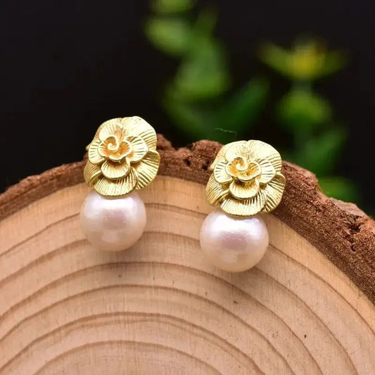 18K Gold Plated Floret With A Single Drop Of Pearl - Earrings