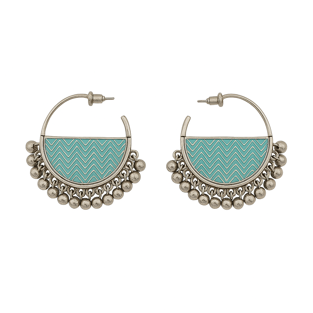 Boho Blue Silver Hoop Earrings – Tribal Chic with Ghungroo Charm By Adair Gems