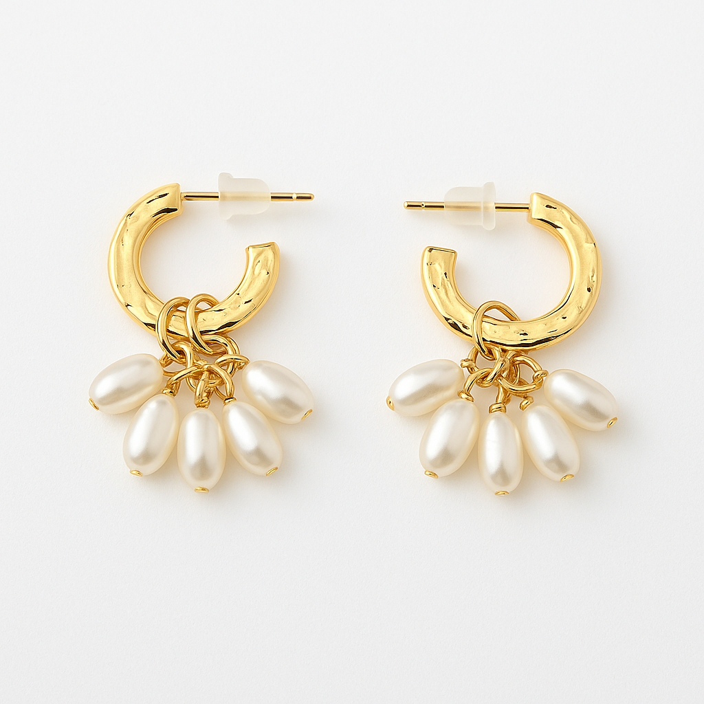 Gold-Plated Pearl Cluster Hoop Earrings – Trendy & Elegant Danglers