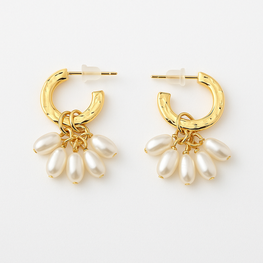 Gold-Plated Pearl Cluster Hoop Earrings – Trendy & Elegant Danglers