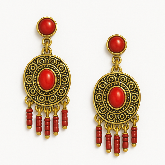 Vintage Red & Gold Dangle Earrings – Boho Chic Elegance