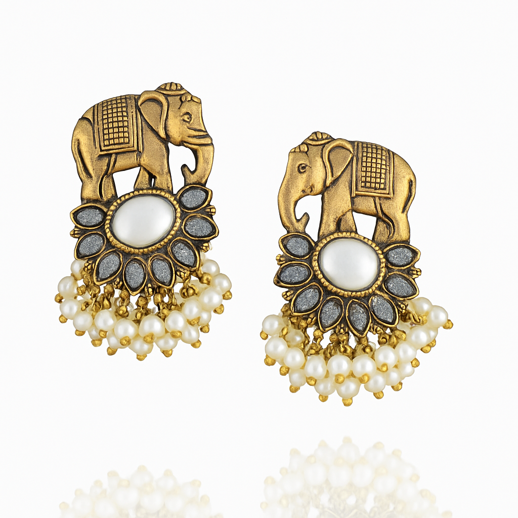 Royal Elephant Pearl Earrings – Antique Gold & Pearl Elegance By Adair Gems