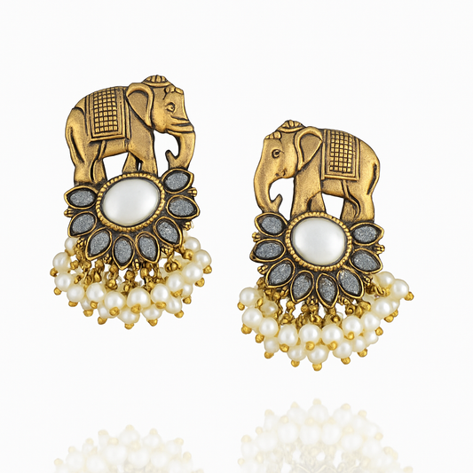 Royal Elephant Pearl Earrings – Antique Gold & Pearl Elegance By Adair Gems