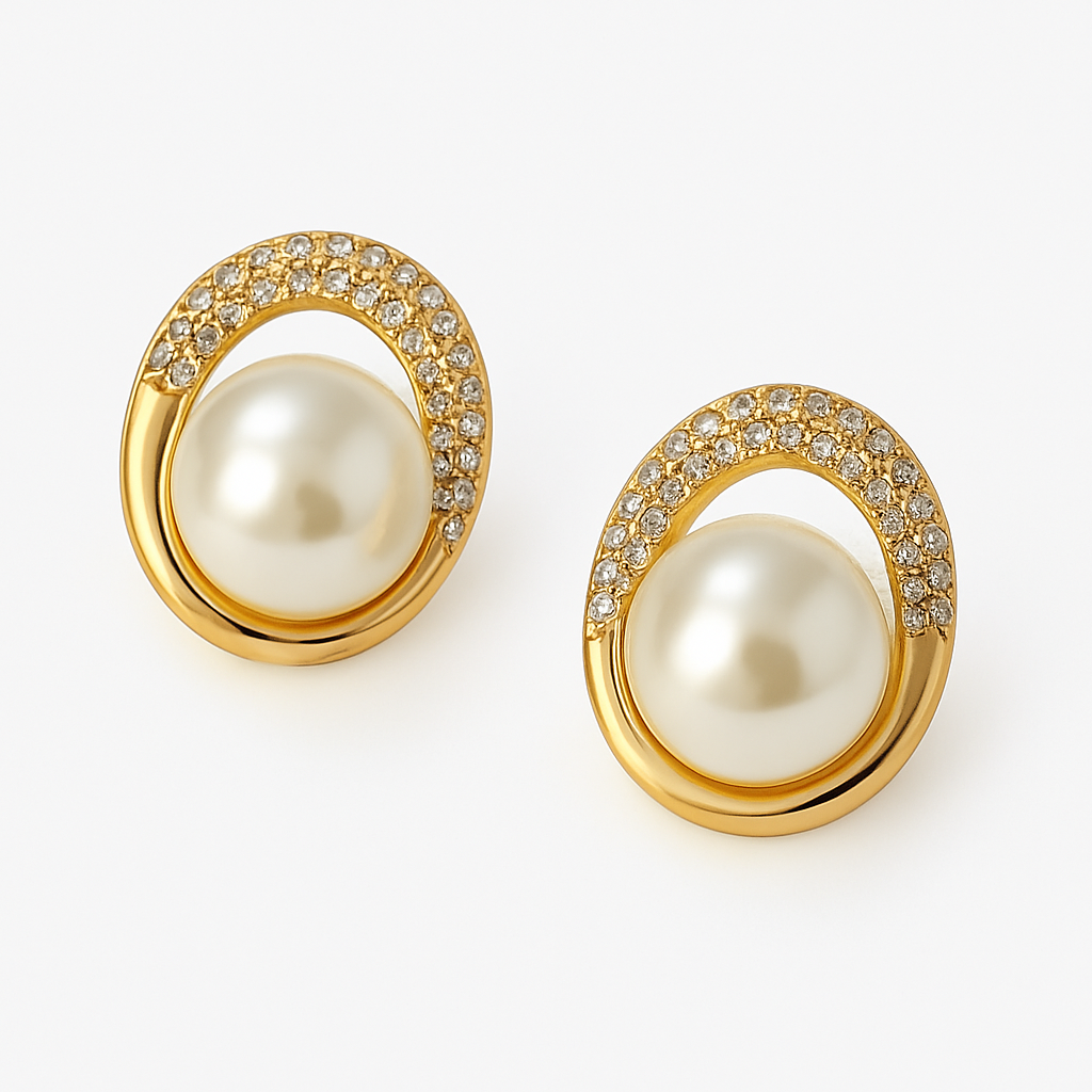 Korean Elegant Pearl Stud Earrings – Gold Plated with Zircon Detailing By AdairGems