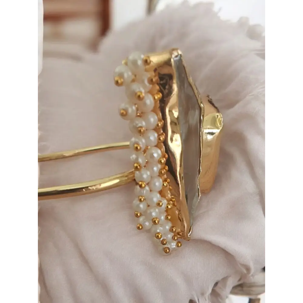 Adair Gold Cuff Bracelet with Natural Stone and Pearl Accents - Bracelet