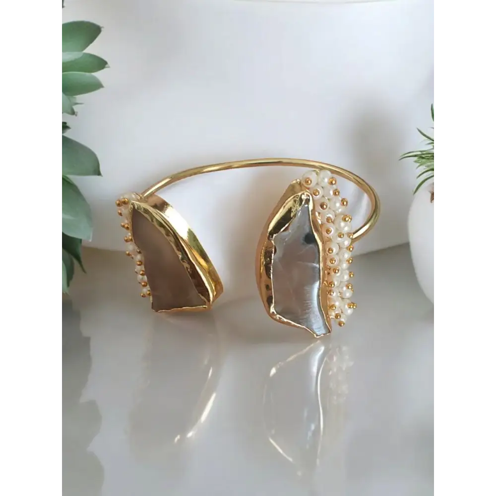 Adair Gold Cuff Bracelet with Natural Stone and Pearl Accents - Bracelet