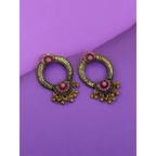 Antique Gold Hoop Earrings with Pink Stones & Ghungroo Drops By Adair Gems - Earrings