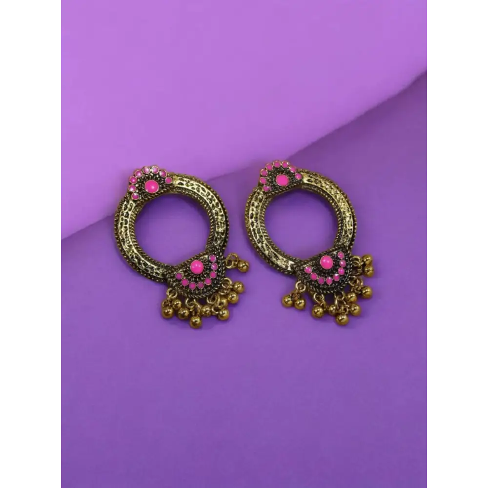 Antique Gold Hoop Earrings with Pink Stones & Ghungroo Drops By Adair Gems - Earrings