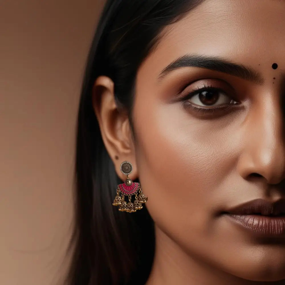 Antique Gold Pink Jhumka Earrings – Traditional & Festive Elegance - Earrings