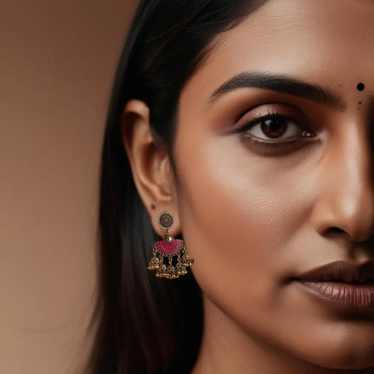 Antique Gold Pink Jhumka Earrings – Traditional & Festive Elegance - Earrings