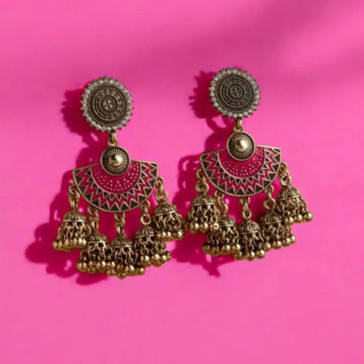 Antique Gold Pink Jhumka Earrings – Traditional & Festive Elegance - Earrings