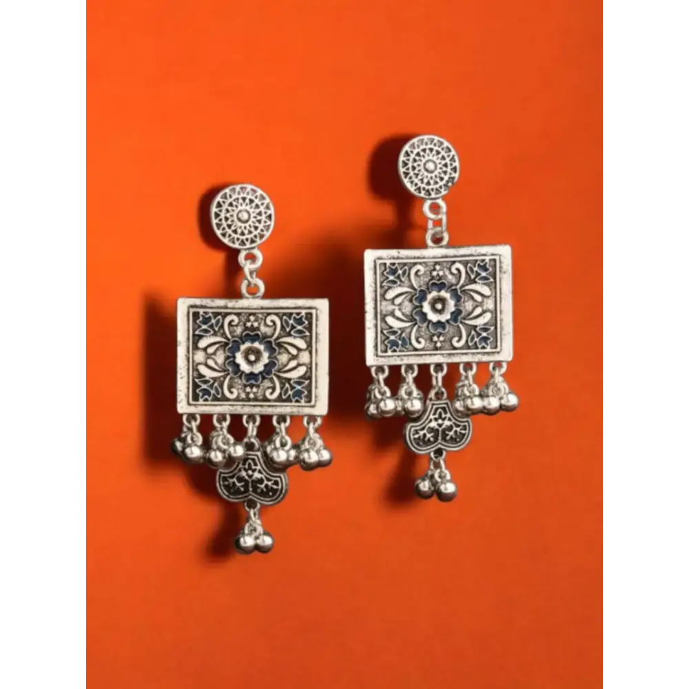 Antique Silver & Blue Floral Jhumka Earrings – Handcrafted Elegance By Adair gems - Earrings