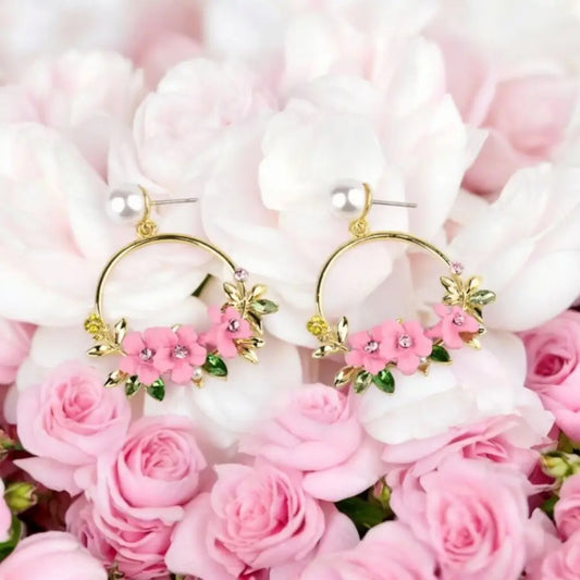 Blossom Bloom Floral Hoop Earrings – Elegant Pink & Gold Statement Earrings by AdairGems - Earrings