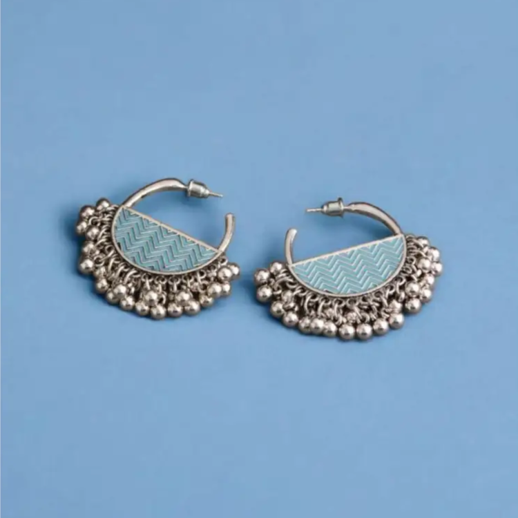 Boho Blue Silver Hoop Earrings – Tribal Chic with Ghungroo Charm By Adair Gems - Earrings