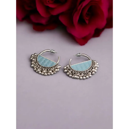 Boho Blue Silver Hoop Earrings – Tribal Chic with Ghungroo Charm By Adair Gems - Earrings
