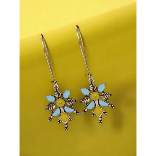 Boho floral enamel drop earrings with blue and yellow detailing – lightweight handcrafted jewellery for women