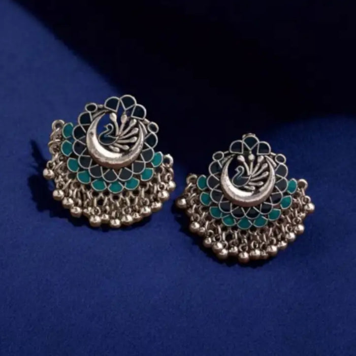 Peacock Silver Oxidized Stud Earrings – Green Enamel & Jhumki Beads By Adair Gems - Earrings