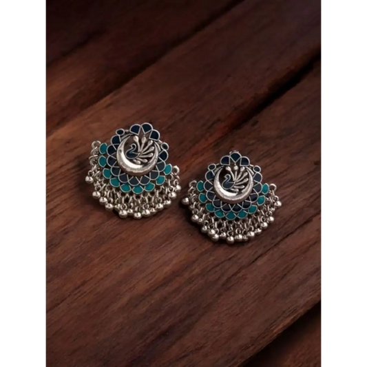 Peacock Silver Oxidized Stud Earrings – Green Enamel & Jhumki Beads By Adair Gems - Earrings