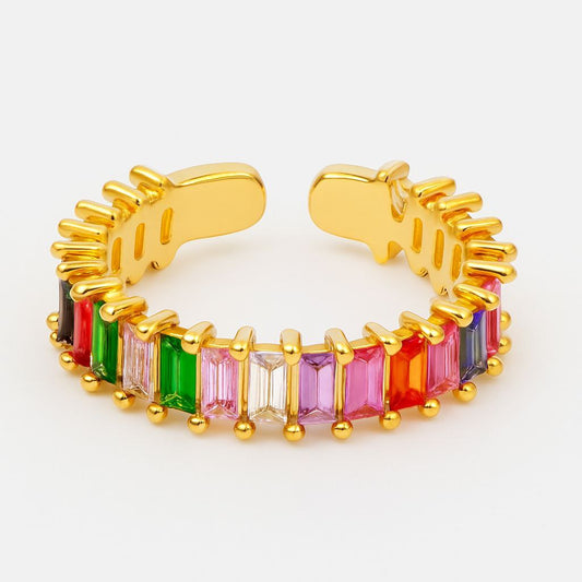 Rainbow Gemstone Open Ring – Adjustable Gold-Plated Statement Ring