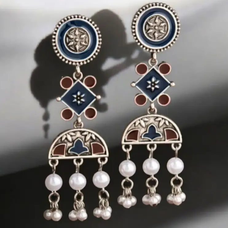 Royal Blue Enamel & Pearl Dangle Earrings – Mughal Elegance - Earrings