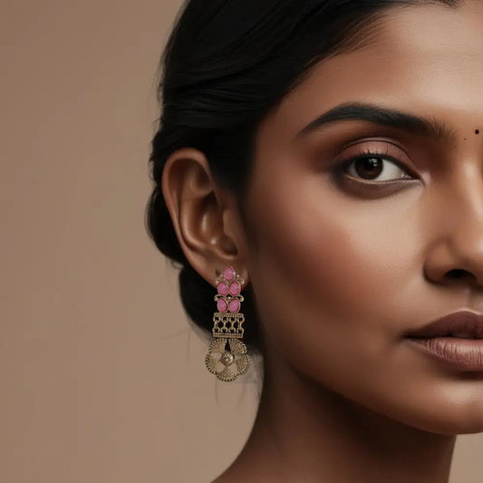 Vintage Gold & Pink Stone Drop Earrings – Elegant & Timeless By Adair - Earrings