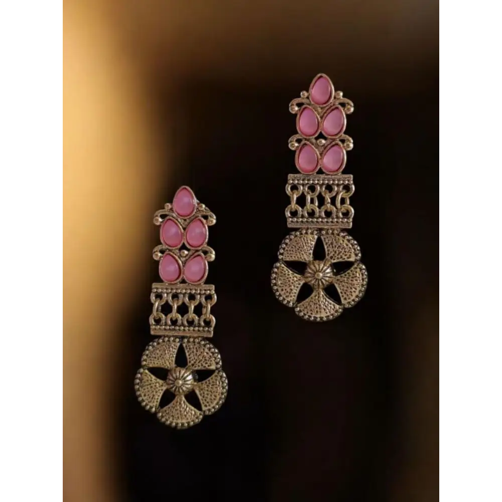 Vintage Gold & Pink Stone Drop Earrings – Elegant & Timeless By Adair - Earrings